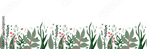 Vector seamless pattern with flowers, leaves and berries in soft colors on white background. Simple flat style.