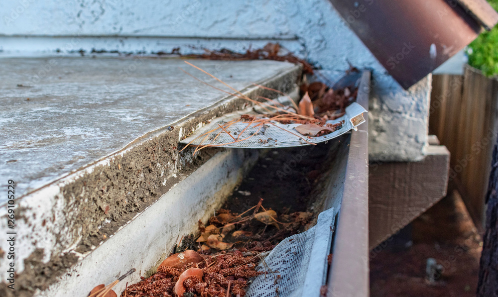 Roof gutter clogged with leaves, pine needles and debris. Damaged