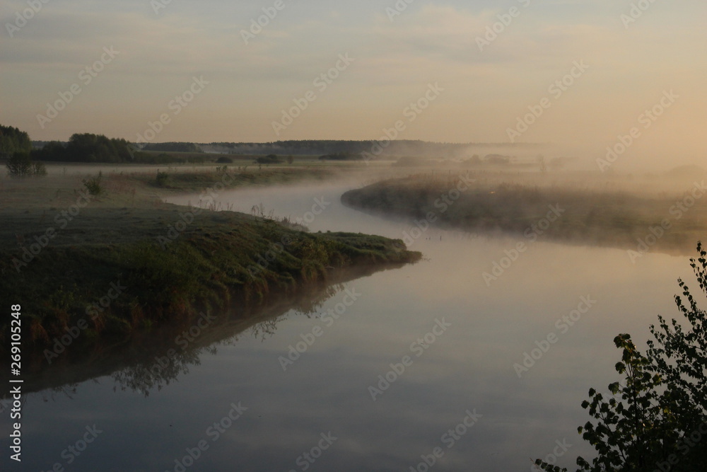 Misty curly river landscape in summer morning