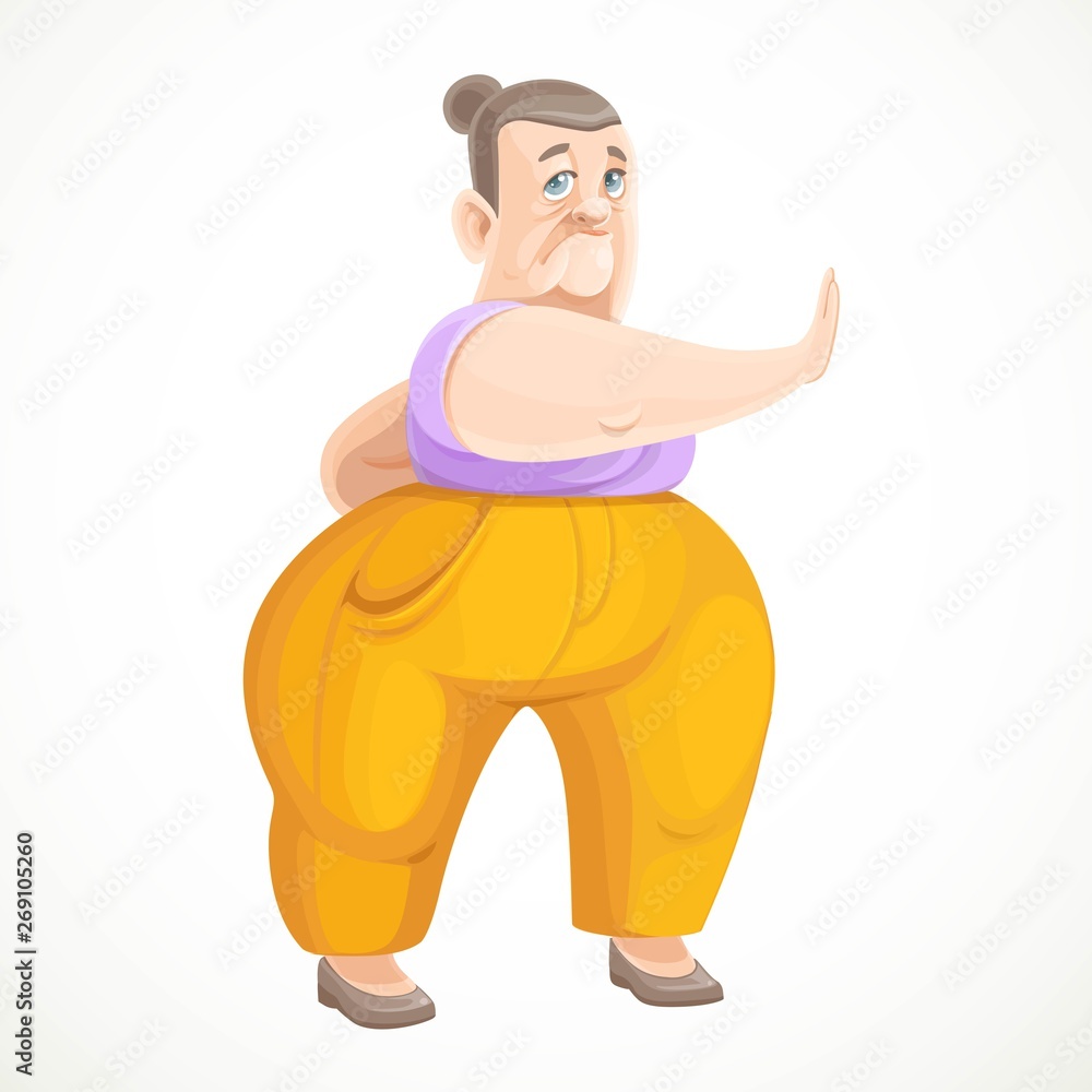 Cartoon character mature retired grandmother doing qigong exercises revitalizing her body isolated on white background