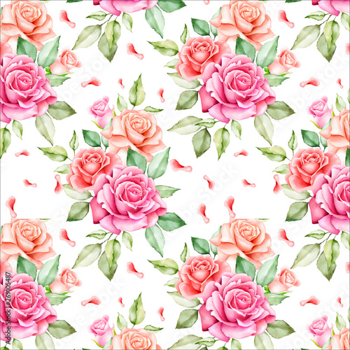 watercolor floral and leaves seamless pattern