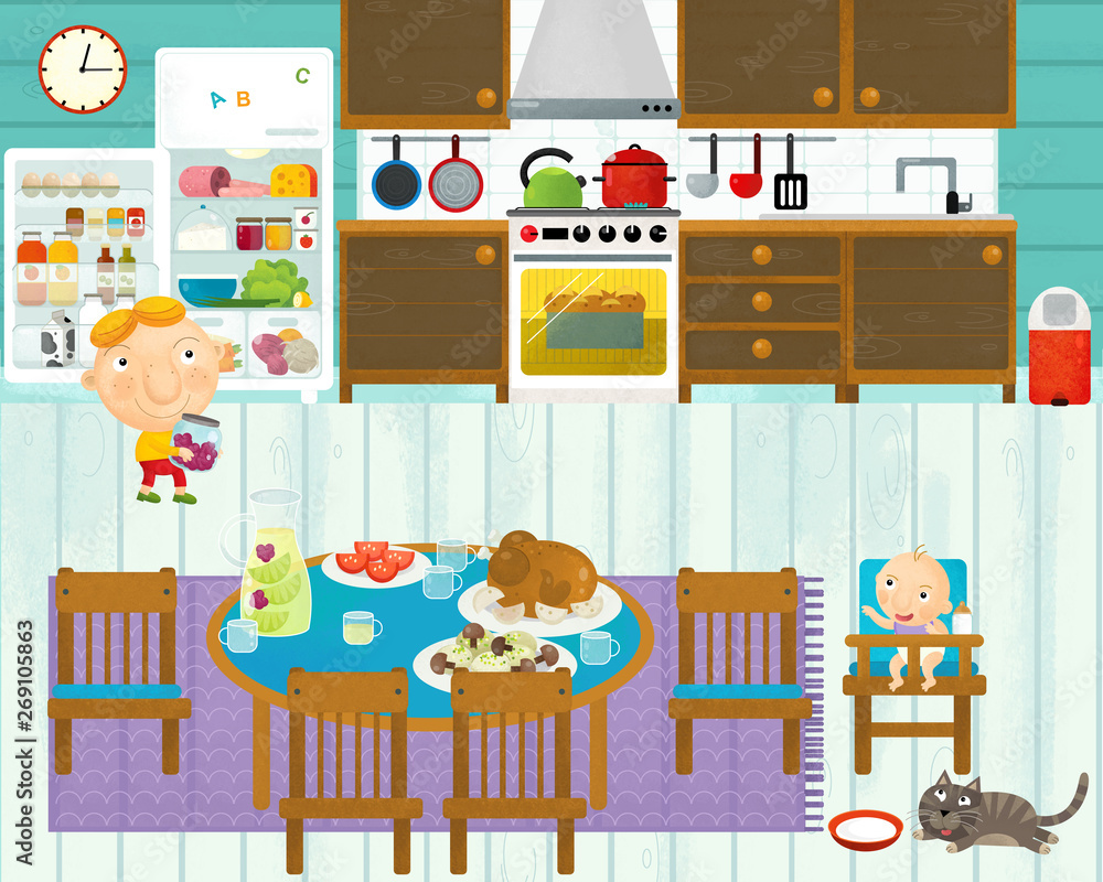 cartoon scene with someone in the kitchen eating and cooking having fun with it - illustration for children