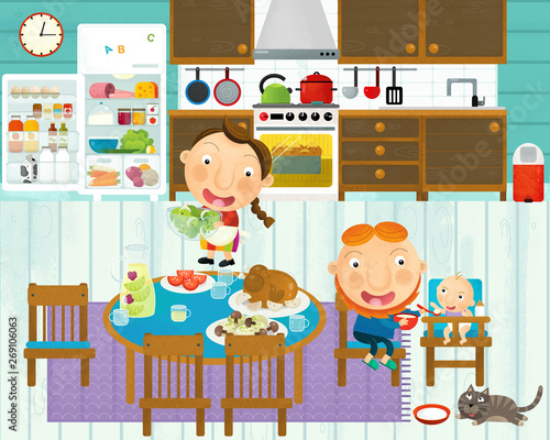 cartoon scene with family in the kitchen eating and cooking together having fun with it - illustration for children