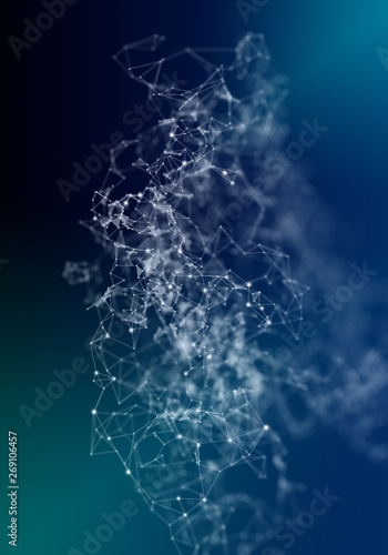 Plexus lines, dots and light beams with light points. Abstract technology, science and engineering background. Depth of field settings. 3D rendering.