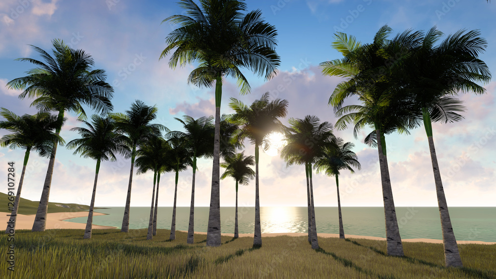 Palm Sunset Background 3D Rendering