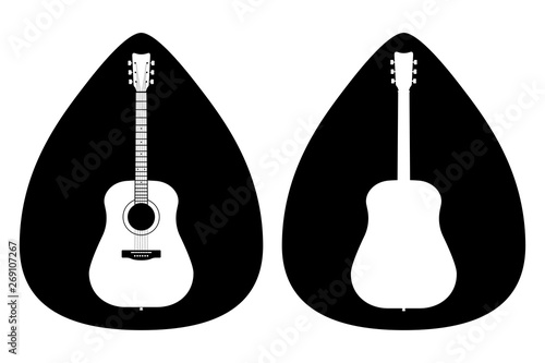 A set of acoustic classic guitars of black on white background. String musical instruments