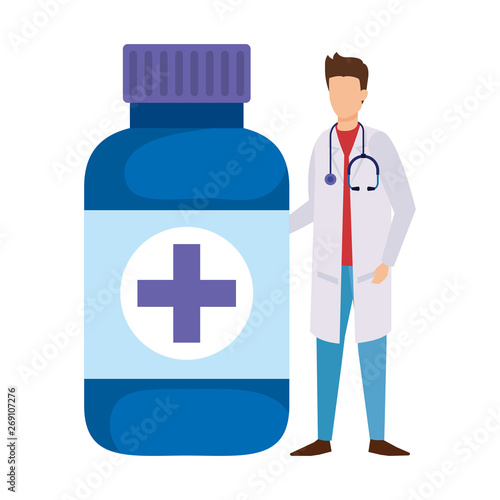 professional doctor with stethoscope and bottle drugs