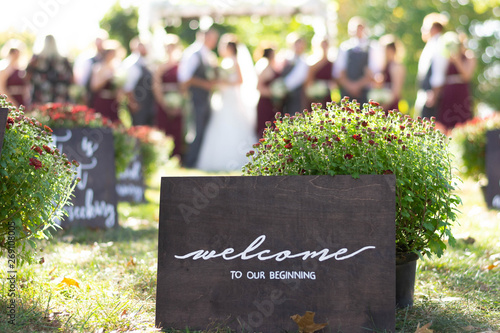 Rustic Wooden Sign Welcome to our Beginning Wedding Briday Party Outdoors photo