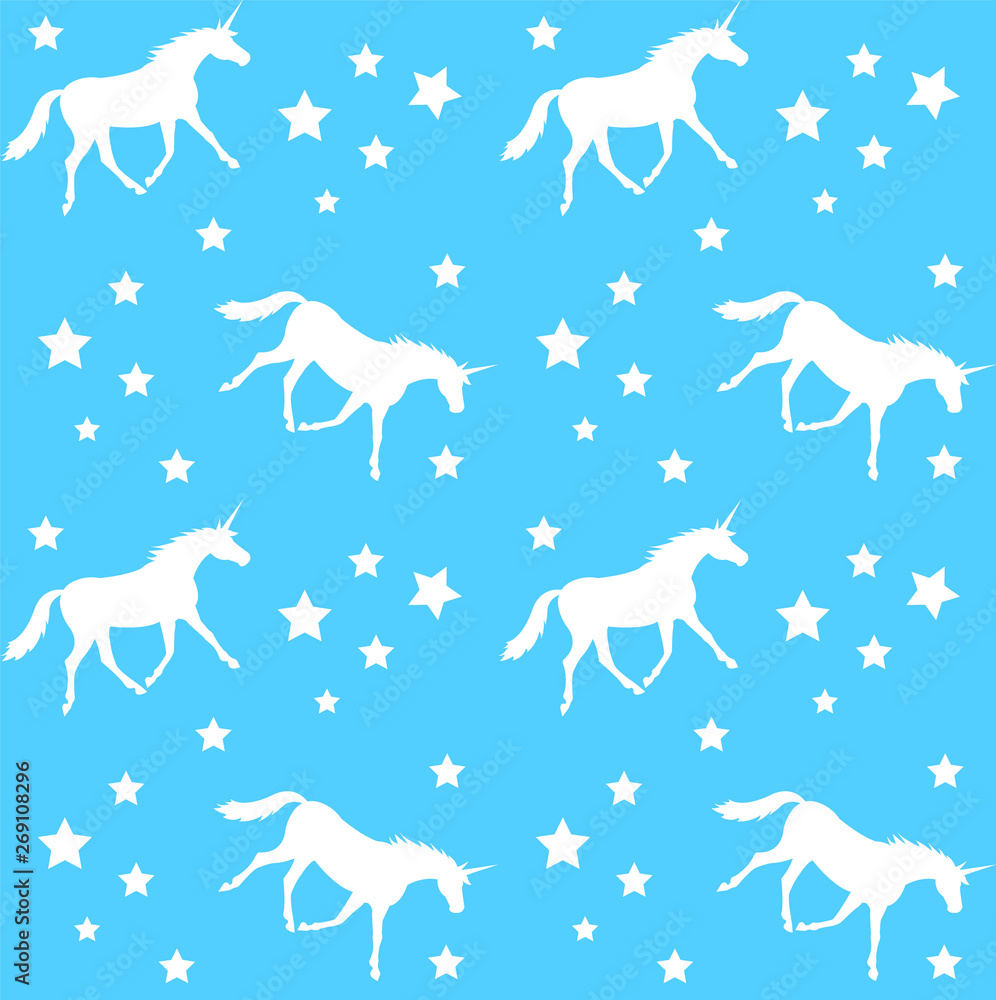 Vector seamless white silhouette unicorn pattern on light blue