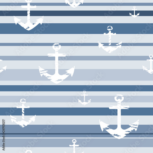 Seamless pattern with blue stripes and white anchors. Vector.