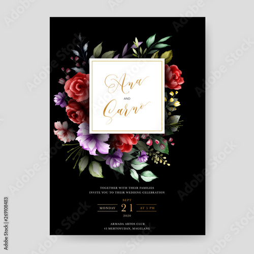 watercolor floral and leaves wedding card template 