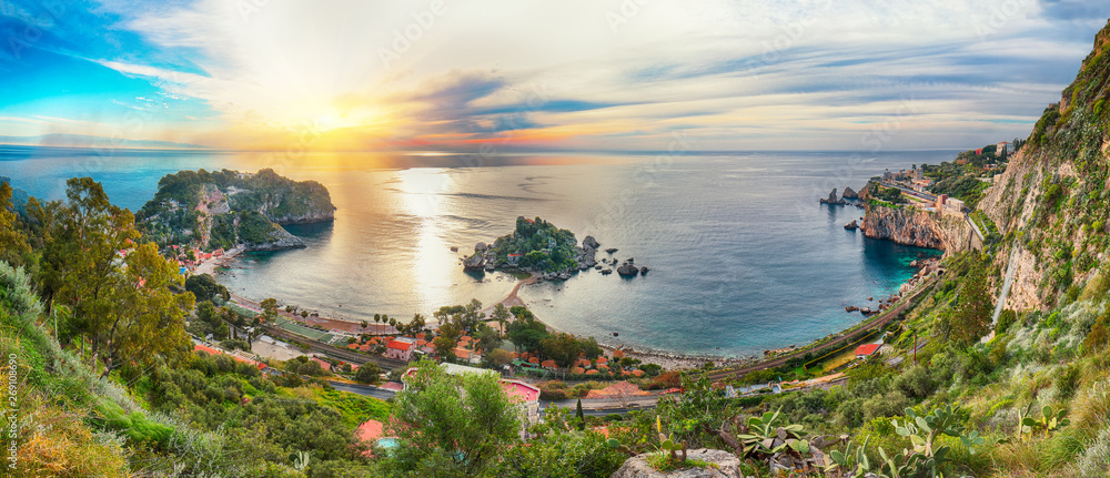 Panoramic aerial view of Isola Bella island and beach in Taormina