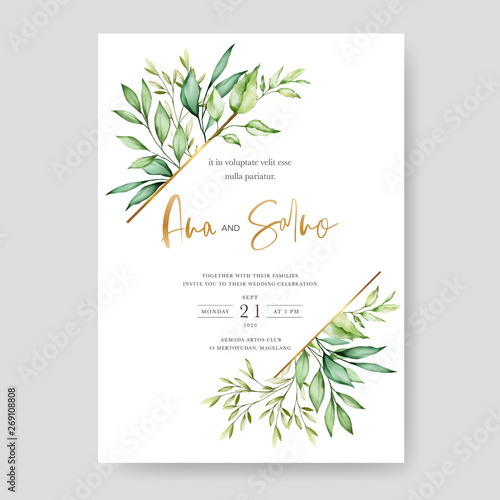 watercolor floral and leaves wedding card template 