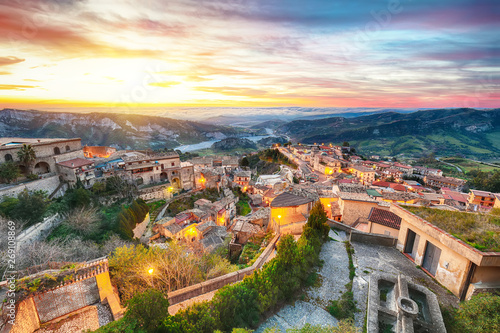 Sunrise over old famous medieval village Stilo in Calabria photo