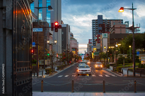 YAMAGATA ,JAPAN -October 28,2018:Cars on Yamagata City Road, Night Trade District and Night Lights. photo