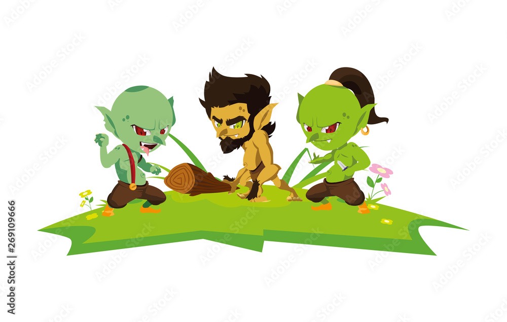Obraz premium ugly trolls with caveman gnome in the camp magic characters