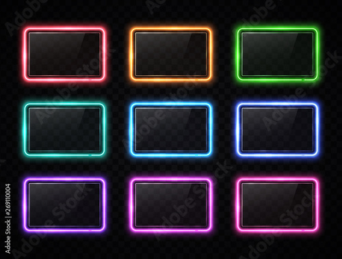 Colorful neon square signs set with glass texture plates. Glowing color rectangles collection on transparent background. Shining led halogen lamps frame banners. Bright futuristic vector illustration.
