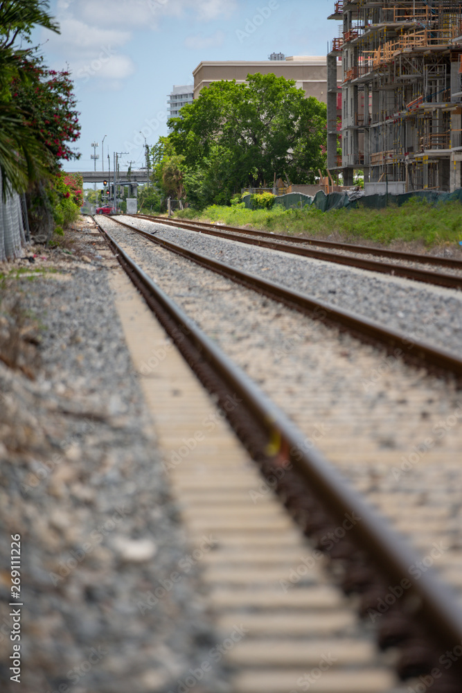 Fototapeta premium Stock image railroad tracks focus on background