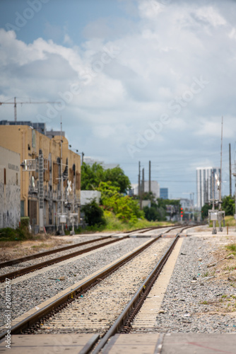 Stock photo railroad tracks blurry background bokeh in the city