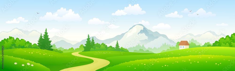Mountain forest landscape, panoramic background