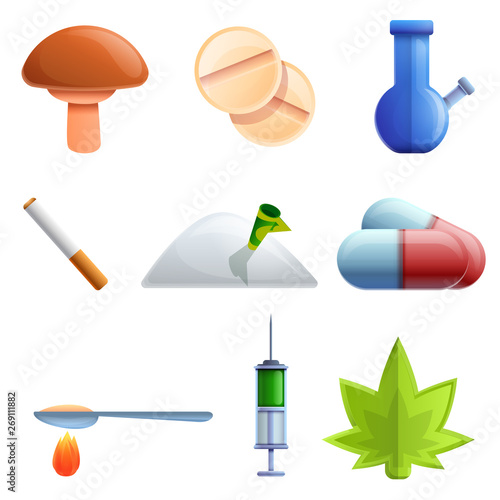 cartoon drug icon set, vector illustration
