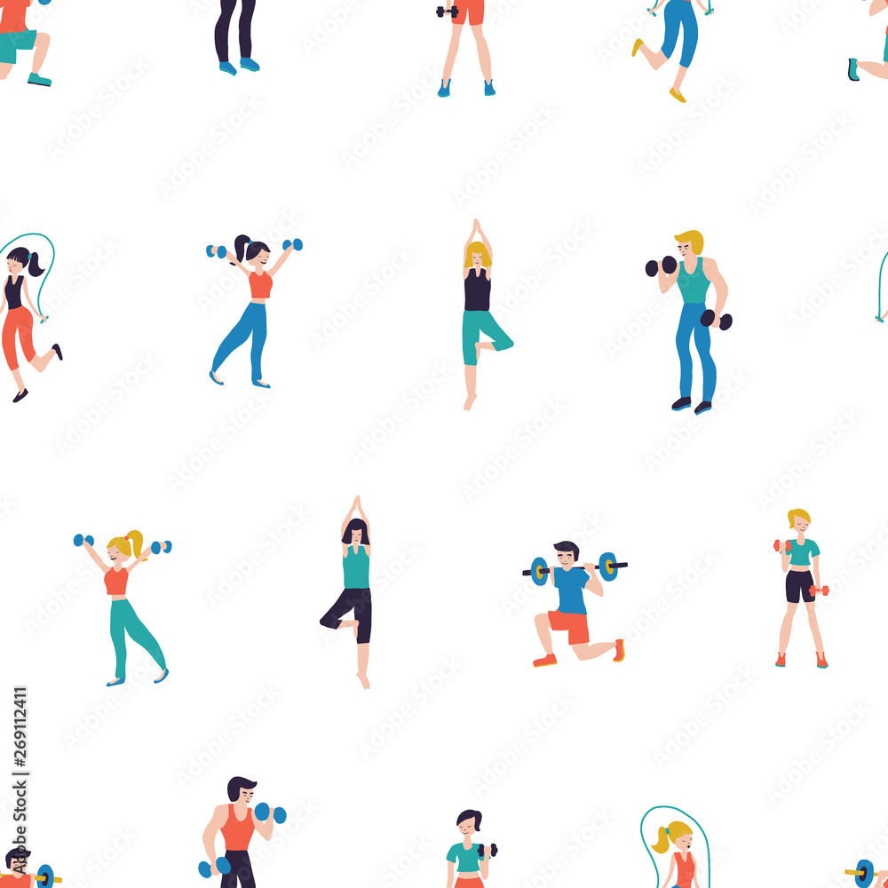 Fitness club seamless pattern vector illustration. Sport center background