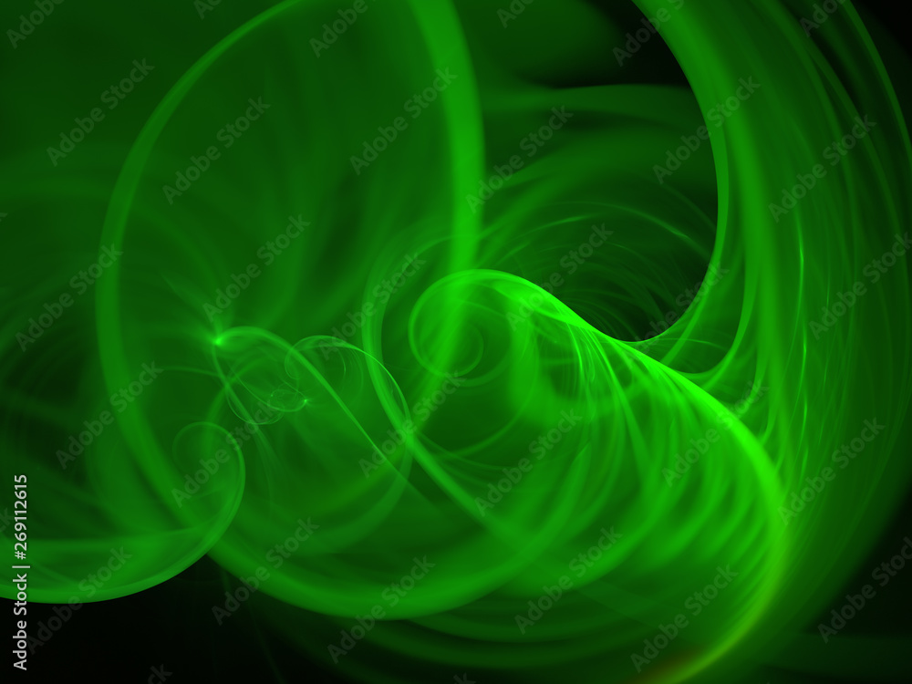 Obraz premium Green Swirling Cloud of Smoke, Digital Illustration, Background Graphic Resource - Soft glowing bands of energy, brilliant light, dreamy soft minimal background. Flowing plasma, curves in motion