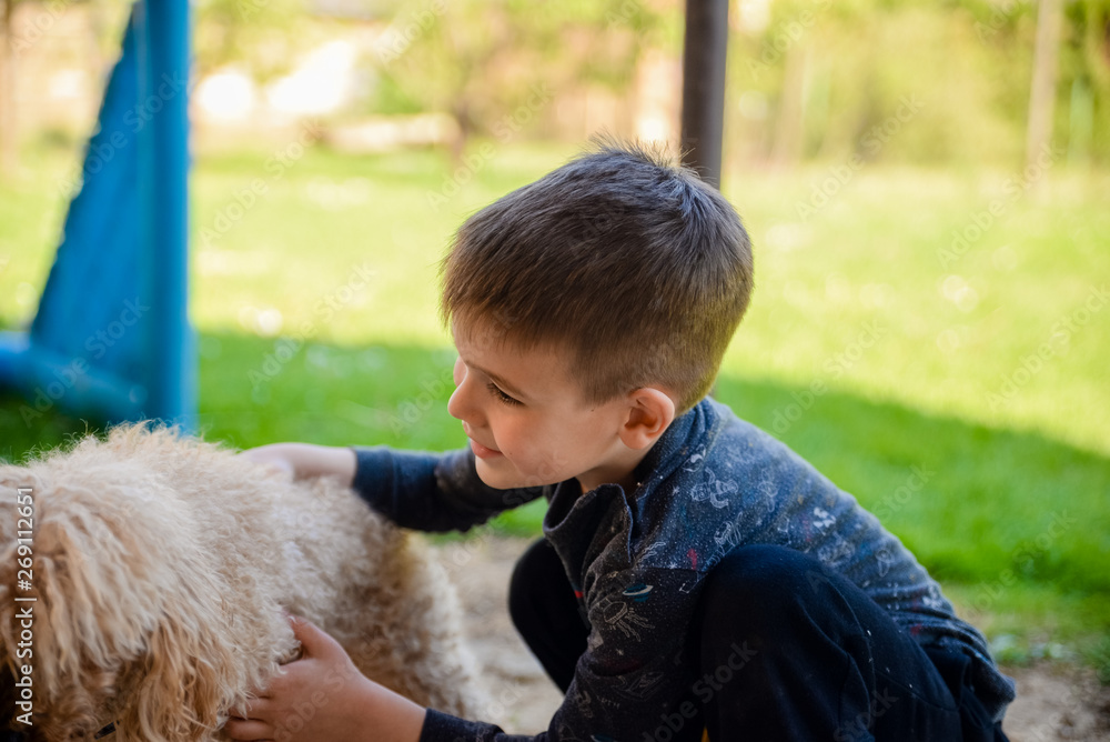 A little boy playing with his dog A little boy playing with his dog
