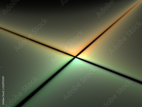 3d illustration - abstract background image, flat geometric plane with intersecting black lines at right angles, glowing light, soft colorful glowing geometry, intersecting lines, split triangles