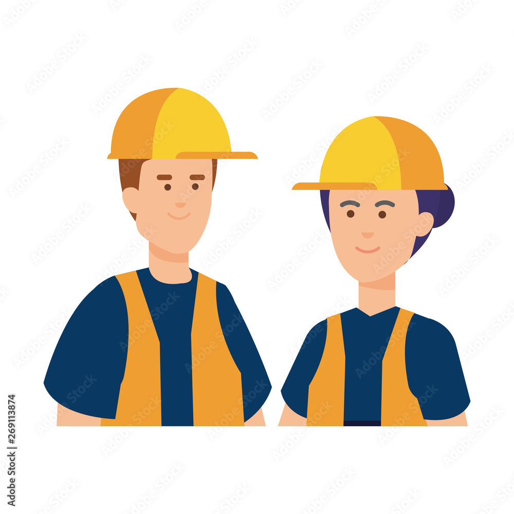 couple builders workers with helmets couple builders workers with helmets