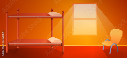 cartoon hostel interior with a bed, vector illustration