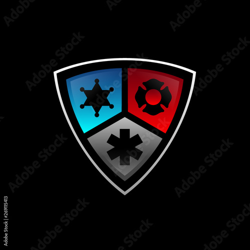 3D Public secure badge emblem logo design with police, medical and firearms icon