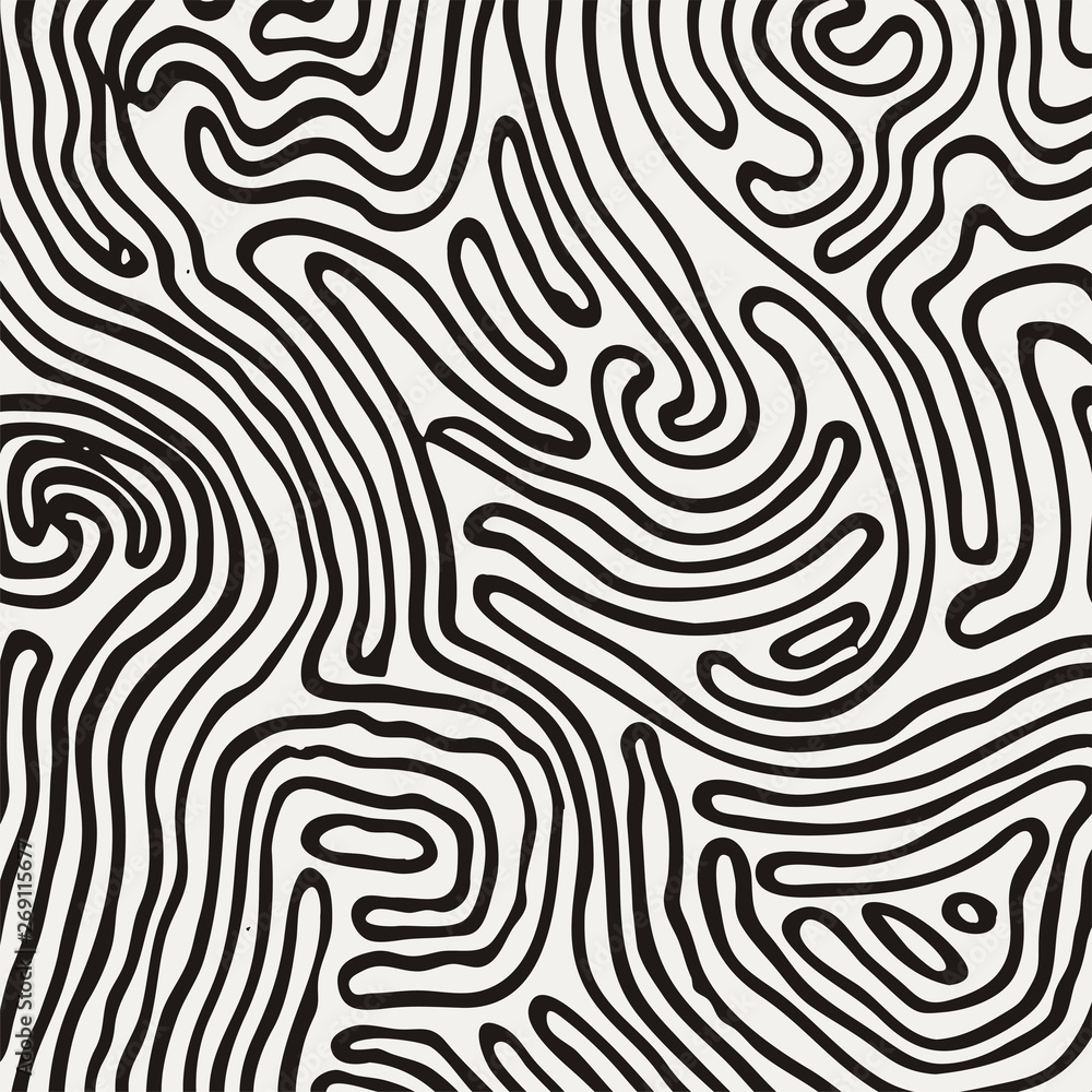 Vector monochrome pattern, curved lines, black and white grunge background