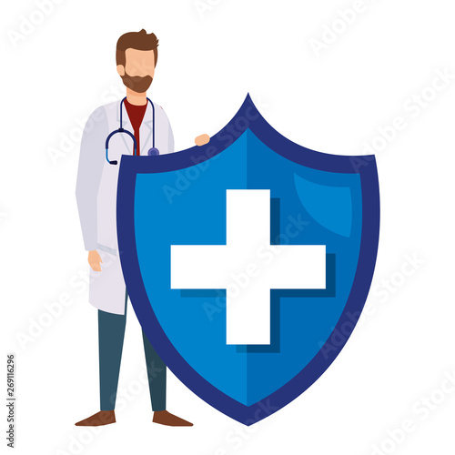 doctor with stethoscope and health shield