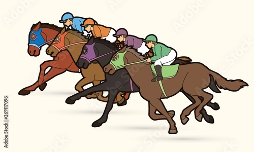 Fototapeta Naklejka Na Ścianę i Meble -  Group of Jockeys riding horse, sport competition cartoon sport graphic vector