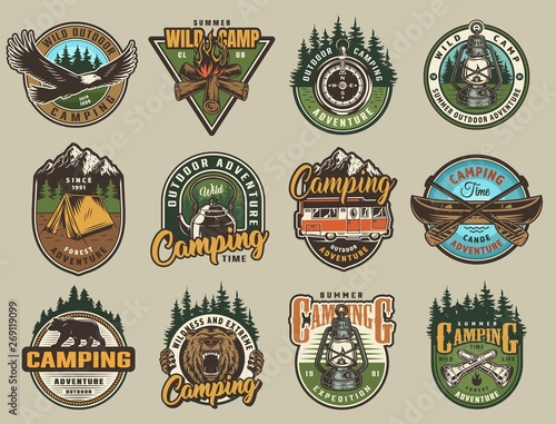 Colorful summer adventure labels set