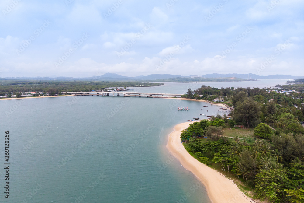 Scenic landscape of big river and reservoir dam with mountain and nature forest