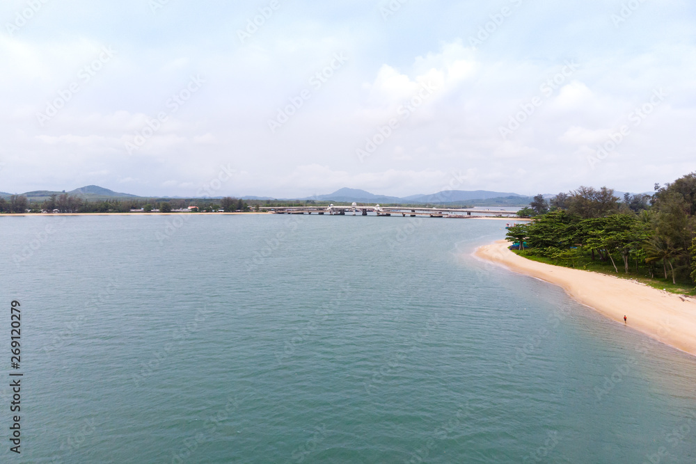 Scenic landscape of big river and reservoir dam with mountain and nature forest