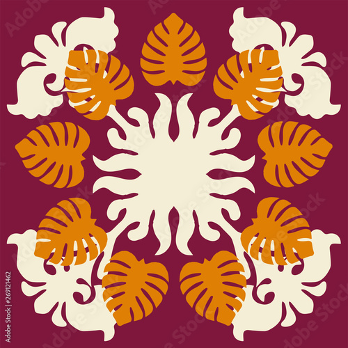 Hawaiian quilt illustration, nature, leaves, background, fabric, textiles, summer image