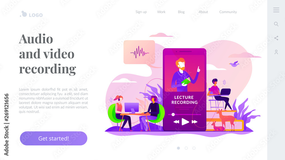 Fototapeta premium Podcast courses, audio and video recording, class recording access and study aid concept. Website interface UI template. Landing web page with infographic concept creative hero header image.