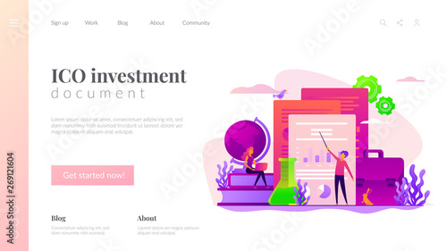 ICO investment document, startup business strategy, product development plan and white paper concept. Website interface UI template. Landing web page with infographic concept creative hero header