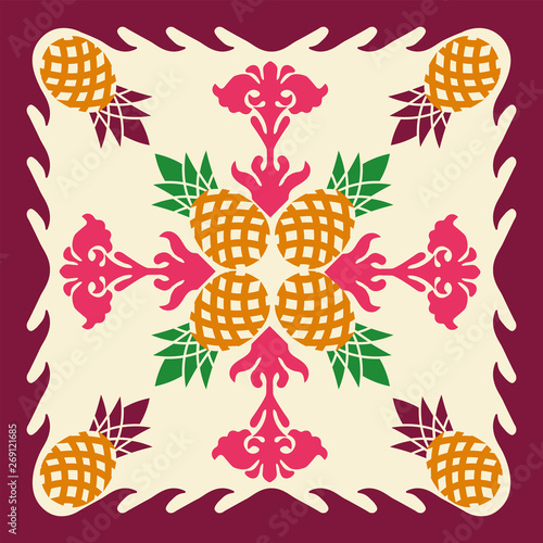 Hawaiian quilt illustration, nature,pineapple, leaves, background, fabric, textiles, summer image