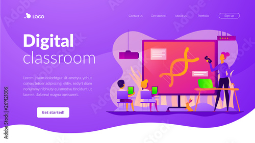 Digital classroom, flipped class and virtual learning, blended learning and smart classroom concept. Website homepage interface UI template. Landing web page with infographic concept hero header image