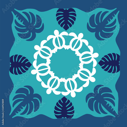 Hawaiian quilt illustration, nature, monstera, turtle, honu, leaves, background, fabric, textiles, summer image