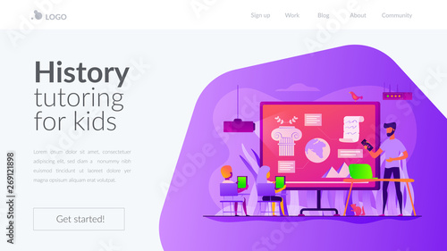 Kids with tablets studying historical events in classroom, tiny people. History lessons, history flipped class, history tutoring for kids concept. Website homepage header landing web page template.