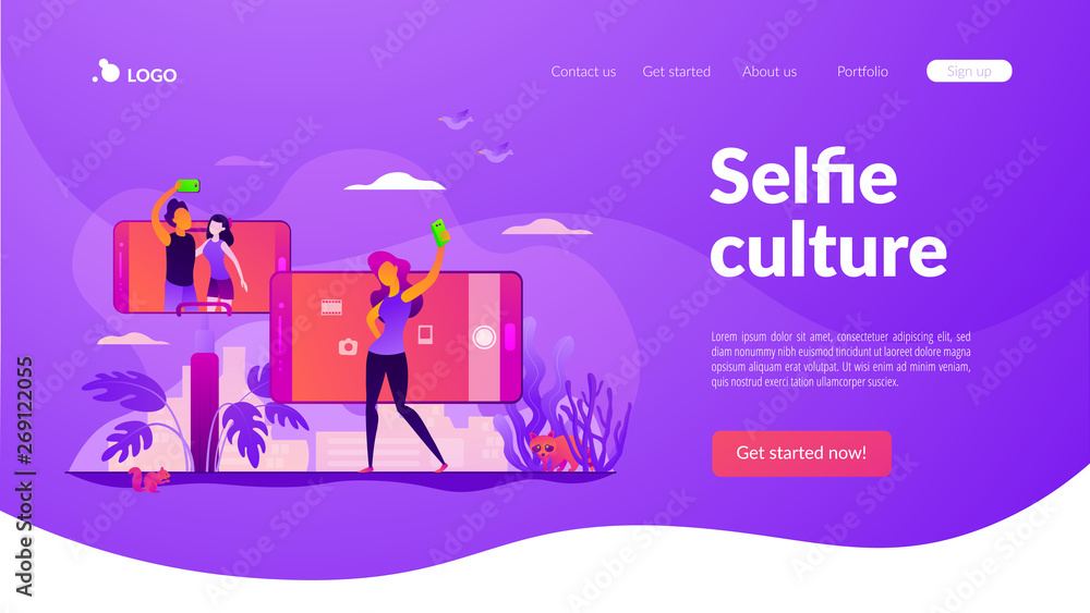 Concept of selfie culture, social network, blog, vlog, self-portrait, popularity. Website interface UI template. Landing web page with infographic concept creative hero header image. Concept of selfie culture, social network, blog, vlog, self-portrait, popularity. Website interface UI template. Landing web page with infographic concept creative hero header image.