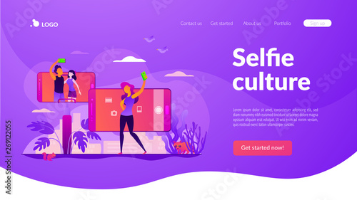 Concept of selfie culture, social network, blog, vlog, self-portrait, popularity. Website interface UI template. Landing web page with infographic concept creative hero header image.