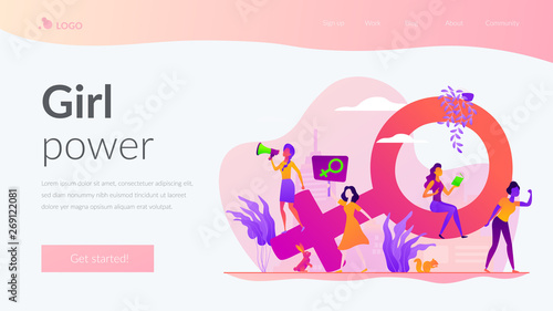 Concept of feminism, girl power, movement, female equality, equal social and civil rights. Website interface UI template. Landing web page with infographic concept creative hero header image.