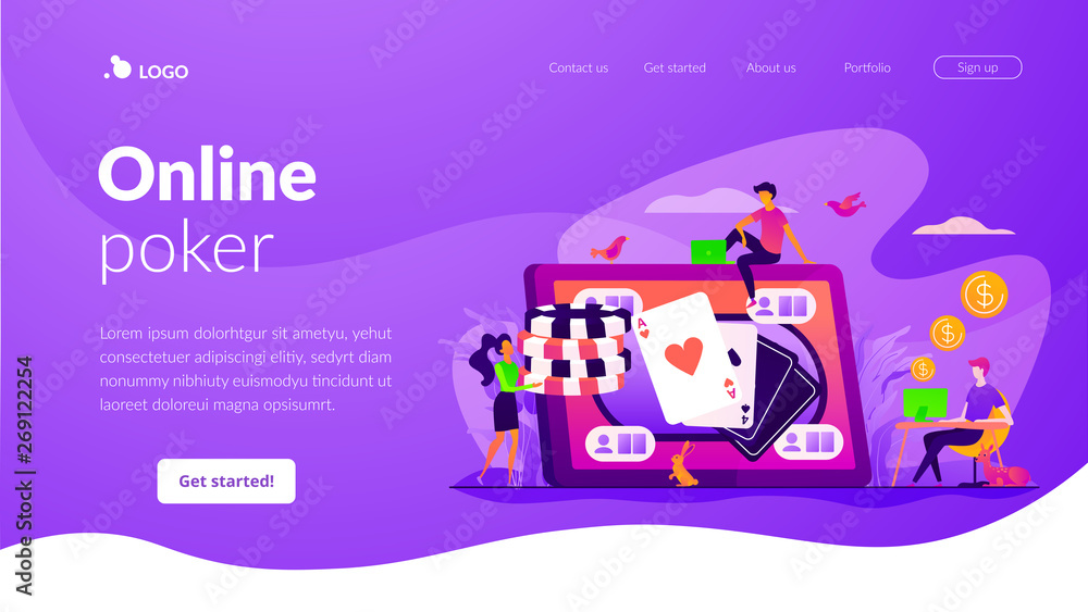 Naklejka premium Online poker, internet gambling, online casino rooms and online poker table concept. Website homepage interface UI template. Landing web page with infographic concept hero header image.