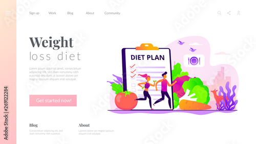 Tiny people fit couple training, nutrition control, diet plan and vegetables. Weight loss diet, low-carb diet, healthy meal food concept. Website homepage header landing web page template.